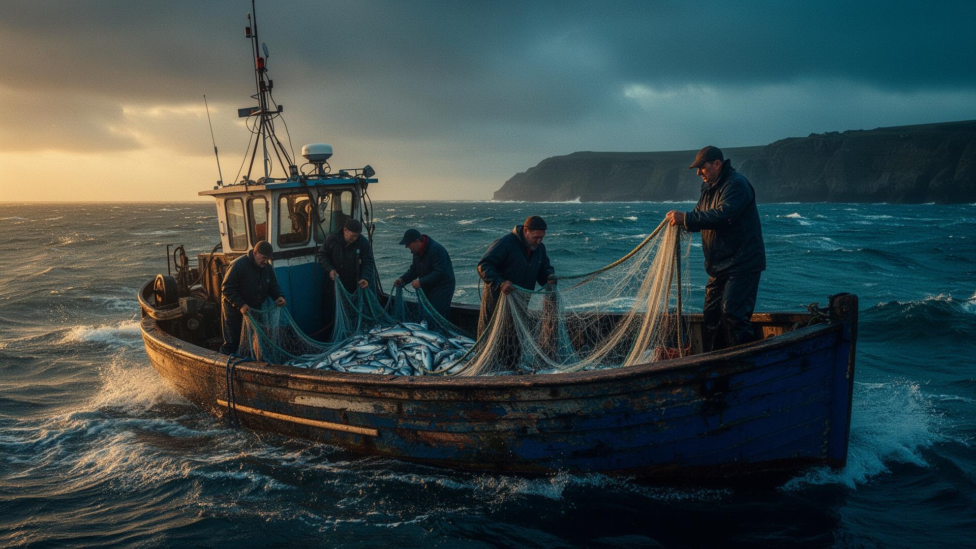British fishermen hauling fresh nets at sea