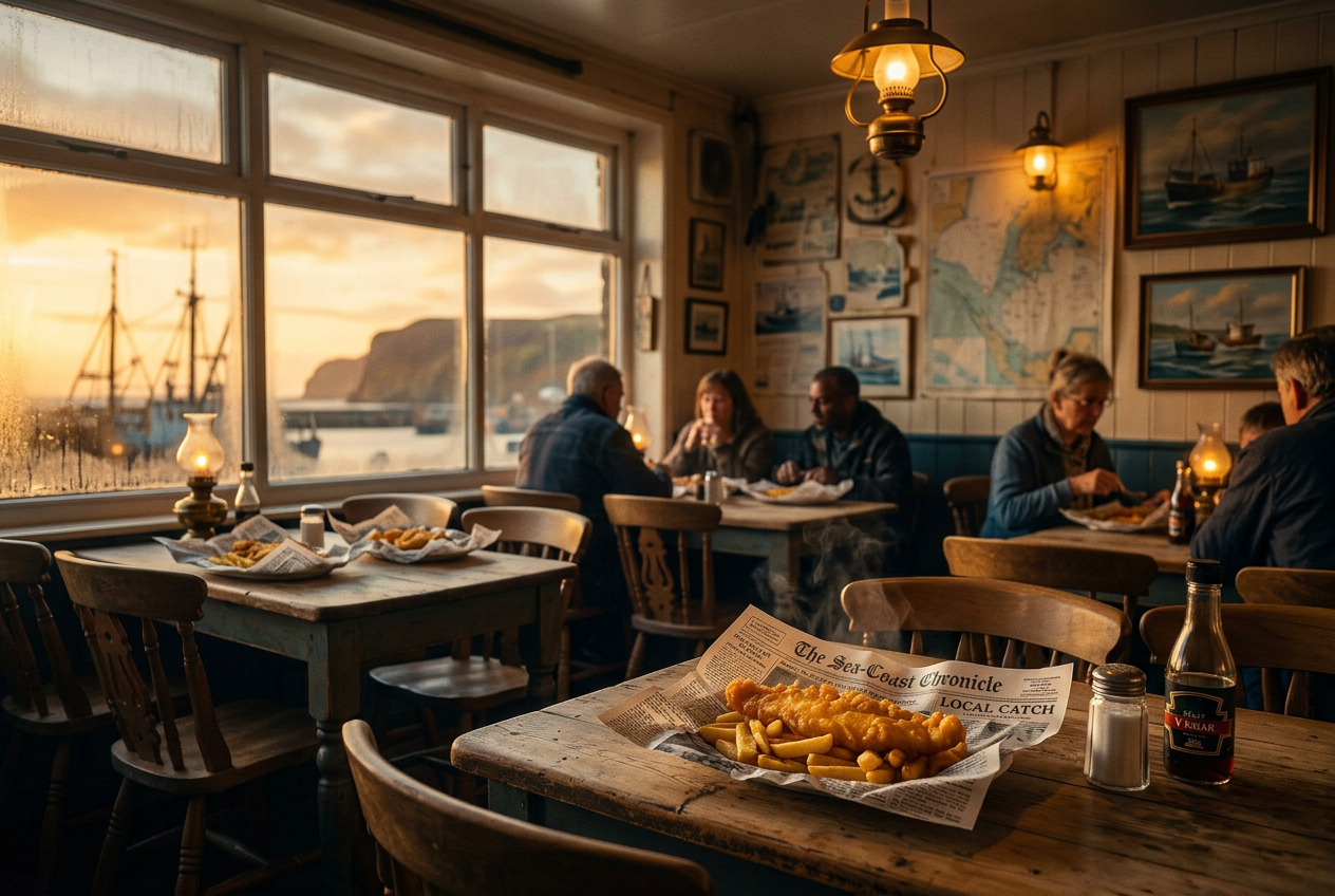 Cosy British chip-shop dining room at golden hour with fish & chips on a wooden table