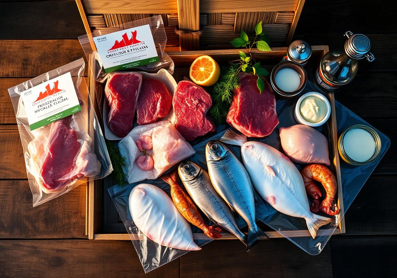 A rustic wooden range box of fresh British fish, meat and shellfish at golden hour