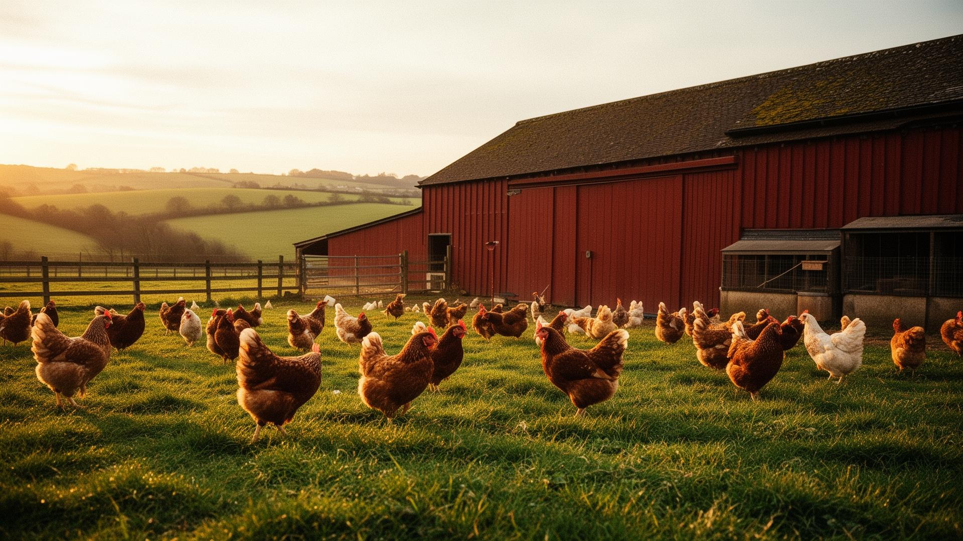 Free-range British hens at sunrise outside a red barn