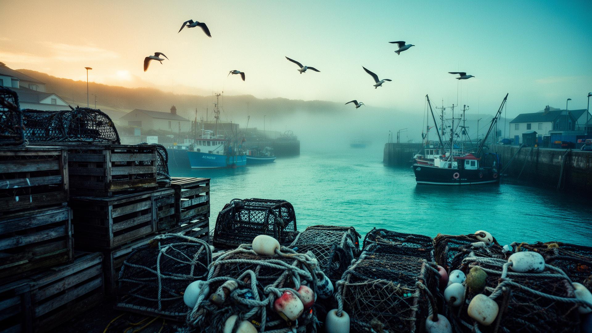 Misty Cornish harbour at dawn with seagulls and lobster pots